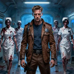joel kinnaman from altered carbon in constantine ( 2 0 0 5 ). cyberpunk neon police detective in a brown messy suit. world weary, horror, gloomy. grime, dirt, motor oil. bloody zombie nurses hobbling in the dilapidated hospital. blue glow. oil painting, highly detailed, centered, digital painting, artstation, concept art, smooth, sharp focus, illustration, artgerm, tomasz alen kopera, peter mohrbacher, donato giancola, joseph christian leyendecker, zdzisław beksinski, drew struzan, hell demons