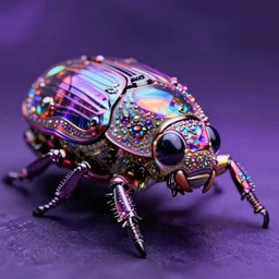 high quality photo glowy iridescent cyborg scarab! jeweled very beautiful! highly detailed digital art david ligare elson peter cinematic purple neon lighting high quality low angle hd 8k sharp shallow depth of field
