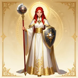 Full-body picture of pretty young priestess, White and gold robes, red waist-long hair, mace and shield, visible beautiful face, dungeon and dragons, high fantasy, holy vibes, ornamental, symmetry, artstationHD, artstationHQ, trending in artstation, safebooru, ultra HD