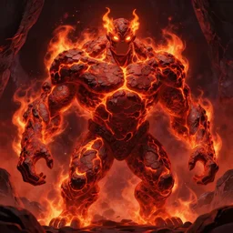a large, muscular, standing, humanoid, lava rock, magma, fire golem creature, burning eyes, exaggerated perspective, takeshi koike anime, 3 5 mm pointing up
