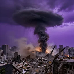 tornado, wreaking havoc on a city, destroying and crumbling landscape with its power, beautiful cinematic lighting, 4 k, ultra quality, purple background