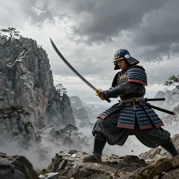 an armoured samurai slicing a mountain in two with his katana, detailed, realistic, wide angle