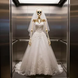 a skeleton wearing a wedding dress, elevator camera photo, realistic, well detailed, trending on artstation