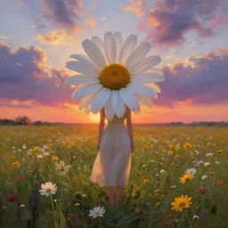 giant daisy flower on shoulders, full body girl standing in a flower field, surreal photography, sunrise, dramatic light, impressionist painting, colorful clouds, digital painting, artstation, simon stalenhag
