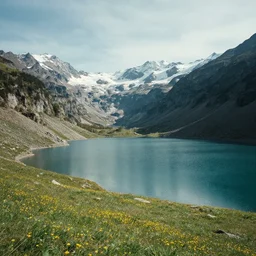 photo of epic alpine lake landscape in spring, first light, sparse patches of yellow flowers, cinematic, cinematic, art by michael shainblum,