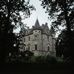 an old grey castle in the middle of the forest, photography, moody, low contrast, 3 5 mm, film grain