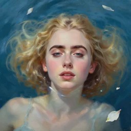 portrait of a beautiful blonde queen girl lily collins, floating under the deep dream water, beautiful smooth soft light + white petal, oil paint, closeup, 4 k, highly detailed, instagram,