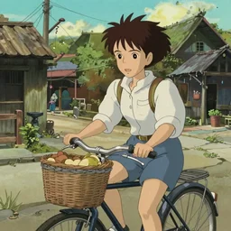 a girl riding a bike with a basket in a small town, 1970s philippines, art by hayao miyazaki, studio ghibli film, hi res, 4k, detailed!!!!!!! face!!!!!!!