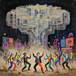 minimalistic, brutalist, massive, dust evolving into chrome neural networks. picasso, party, neon, colorful, party happy dancing characters, music, stunning, award, artstation, winning masterpiece by marc simonetti, by moebius and basquiat, oil on canvas