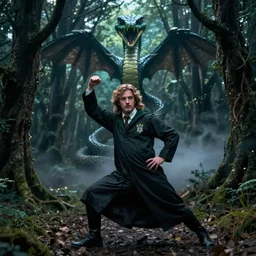 film still of salazar slytherin, dark forest with a giant snake basilisk at night, glamour pose, deep focus, dramatic lighting, octane, mist, steve mccurry, volumetric lighting, 8 k