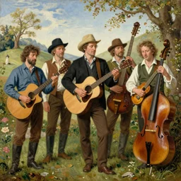 an energetic bluegrass band in a beautiful and highly detailed oil painting by hieronymus bosch