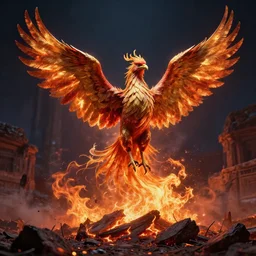 digital art of a phoenix rising from ashes hdr