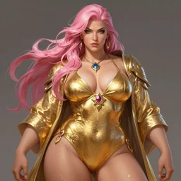painted realist portrait of thick rugged sensual zarya from overwatch wearing swimsuit gold paint by ruan jia greg rutkowski, [ long pink hair ] clear face majestic muscular physique beautiful powerful handsome robe fantasy intricate elegant detailed digital painting concept art artstation sharp focus illustration
