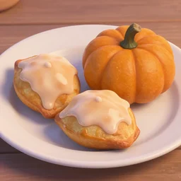 a plate with 3 delicious 3 d pumpkin turnovers with glazing in the style of disney and pixar