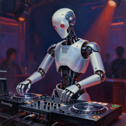 a humanoid android dj in a club. concept art illustration. epic oil painting. trending on art station.