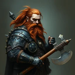 a red head bearded fantasy dwarf warrior, black and bronze armor, axe and flint carbine, portrait by alex horsey and daniel docciu and dave dorman and jeff easley