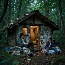 scene from a 2010s science fiction film+ Seokjin & Jungkook find an abandoned cabin in the middle of the woods + they decided to sleep their for the night + jungkook is happy that he met Seokjin+ CGSOCIETY + directed by Luc Besson +