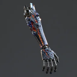 a prostetic arm made out of obsidian and lava, hyperrealistic, kinetic art, artstation, 3 d