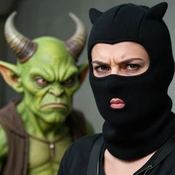 closeup of a woman in a balaclava, annoyed expression, next to an annoying green - horned goblin, by vincent desiderio,