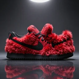 nike model shoe made of very fluffy red and black faux fur placed on reflective surface, spiderman colors professional advertising, overhead lighting, heavy detail, realistic by nate vanhook, mark miner