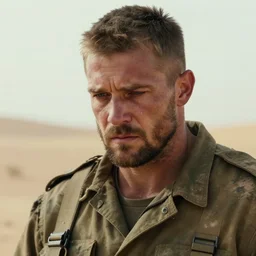 portrait of muscular, tired and alcoholic 3 0 - year - old grieving man with short darkblonde hair, serious sad look in his eyes, looking down to the bottom, dirty beard, blue eyes, crying tears, wearing dirty soldier uniform, on the desert, sad atmosphere, hyper realistic face, character art, art by artgerm, cryengine, trending on artstation, digital art