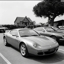 photo of luxury italian cars, realistic, analogic, lens, large format, sharpness, clarity, tonal range, black and white, ansel adams, adobe lightroom style