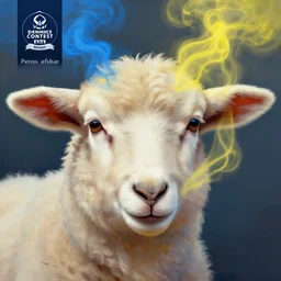 a painting of a lamb's face with blue and yellow smoke coming out of, a digital painting by petros afshar, behance contest winner, digital art, behance hd, digital illustration, digital painting
