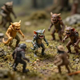 miniature figurines of surreal heironymus bosch monsters, close up, detail, tilt shift, product photography