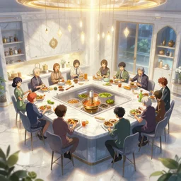infinity kitchen with people being fed, in marble incrusted of legends official fanart behance hd by jesper ejsing, by rhads, makoto shinkai and lois van baarle, ilya kuvshinov, rossdraws global illumination