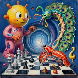 an extremely high quality hd surrealism painting of 4 d perspective neon complimentary - colors cartoon surrealism melting sculpture composition of zaha hadid biological anatomical peacock mantis shrimp by a much more skilled version of kandinskypicasso and salvia dali the fourth, salvador dali's much much much much more talented painter cousin, 8 k, ultra realistic, chess, tunnels