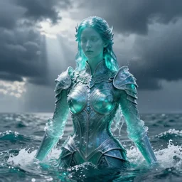 armor made of water, made of liquid, rising up from ocean, water armor, high detail, high contrast, medium close up portrait, studio lighting, stormy seas, beautiful, bokeh, snowy, storm clouds, god rays, d & d, fantasy, elegant, aquamarine color palette, concept art, roger deakins and greg rutkowski and alphonse mucha