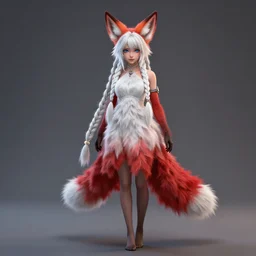hyper - realistic + photorealistic render with very extreme intricate details, full body of a girl!!! wearing red fox - ears, blue eyes and long white braided hair, in the style of final + fantasy 9, 8 8 mm lens, full shot, maya, cinema 4 d