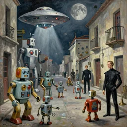 picasso cubist painting of 1 9 5 0 s scifi, tin toy robots, ufo, flying saucer, moon, meninblack, steampunk, alley, streets, walter sickert, earl norem, depth of field, hyperrealistic, octane render detailed and intricate environment