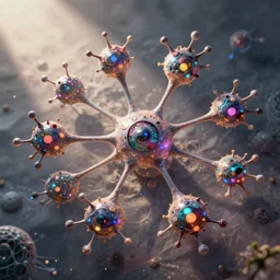 quantum connections represented as symbiotic organisms like cells playing around with colorful lights by ernst haeckel, connectivity, sharp, magnetic, peaceful