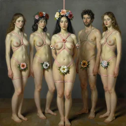 pop surrealism, lowbrow art, realistic seductive cute woman painting, pink body harness, long hair, japanese shibari with flowers, hyper realism, muted colours, rococo, natalie shau, loreta lux, tom bagshaw, mark ryden, trevor brown style,