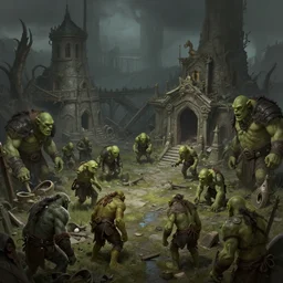a detailed concept art of medieval orc slums. povertry. 3 0 0 green orcs. trending on artstation, craig mullins, rutkowski
