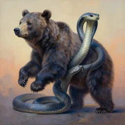 painting of hybrid between bear & snake!!!!, intercrossed animal, by zdzislaw beksinski, by lewis jones, by mattias adolfsson, cold hue's, warm tone gradient background, concept art, beautiful composition, digital painting