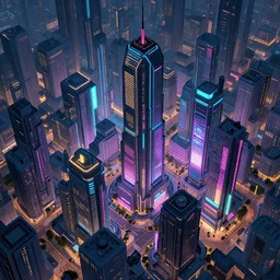 a city in a cyberpunk town, isometric aerial view, futuristic, high rise, buildings, neon signs, illustration, very detailed, award winning, artstation, artgem, hyperealistic