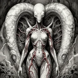 naraka buddhist demon korean female, happy female alien, tubular creature, blood vessels, no face, dystopian surrealism, alex ries zdzisław beksinski, giger, symmetrical long head, smooth marble surfaces, smooth marble surfaces, detailed ink illustration, detailed ink illustration, raiden metal gear, cinematic smooth stone, deep aesthetic, concept art, intricate