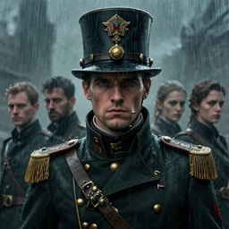 it's a terrible day for rain, colourised, face portrait, epic, tragic, military art, fantasy, dieselpunk, hd shot, digital portrait, beautiful, artstation, comic style, by artgerm, guy denning, jakub rozalski, magali villeneuve and charlie bowater