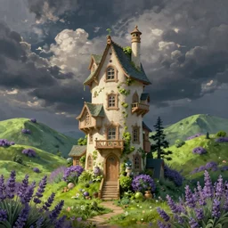 beautiful digital matter cinematic painting of whimsical tall house, green hills with lavender bushes, whimsical storybook style by greg rutkowki artstation