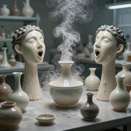 an alchemical laboratory of voices, ceramic vessels, vapour, no humans, 8 k, unreal, high resolution