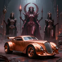 by oka yasutomo and anna dittmann, visually stunning, cinematic, ultra realistic, hyper realism, 1 2 k, epic, octane render, unreal engine, vfx, maya, the dark priestesses created this titan through the spirits of the dead warriors, giant hotwheels car with copper paint, liminal space, devotion to the scarlet woman, so scary and cool