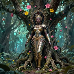 illustration lowbrow cinematic super expressive! yoruba goddess with exoskeleton armor, merging with tree in a forest, pink yellow flowers, highly detailed digital art masterpiece, smooth etienne sandorfi eric zener dramatic pearlescent soft teal light, ground angle uhd 8 k, sharp focus