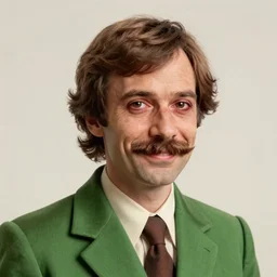 portrait of a melancholy detective wearing a seventies green blazer with a tapered collar, mutton chops and a moustache, looking soulfully at the camera and grinning with bloodshot eyes, 44 years old mature caucasian male, Ilya Repin, Jenny Saville, Alex Kanevsky, Wassily Kandinsky, expressive portrait, videogame avatar