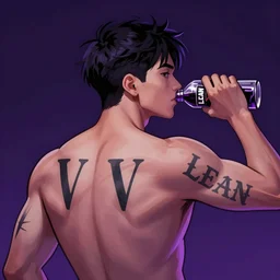 a guy with 2 tattoed letters v in the back of his arms drinking lean, purple, dramatic, good drawing, digital art, smooth, hfr