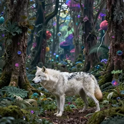 a realistic white wolf, walking through a psychedelic forest, wide angle landscape shot, by national geographic and tom bagshaw