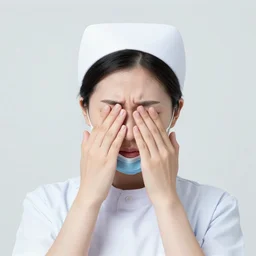 canon eos r 3, f / 1. 4, iso 2 0 0, 1 / 1 6 0 s, 8 k, raw, unedited, symmetrical balance, in - frame headshot portrait of a stressed nurse
