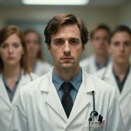 zach braff as the doctor in idiocracy film, all faces are distorted, cinematic still, movie still, long lens, shallow depth of field, bokeh, anamorphic lens flare, 8 k