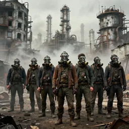 waiting in line for crude oil by simon stalenhag and gil elvgren and tom bagshaw and marc simonetti and jan miense molenaer and arthur adams, dystopian slums, refinery apartments, highly detailed, hyperrealism, smog, high contrast, smogpunk, oilpunk, high saturation, intricate complexity, gas masks